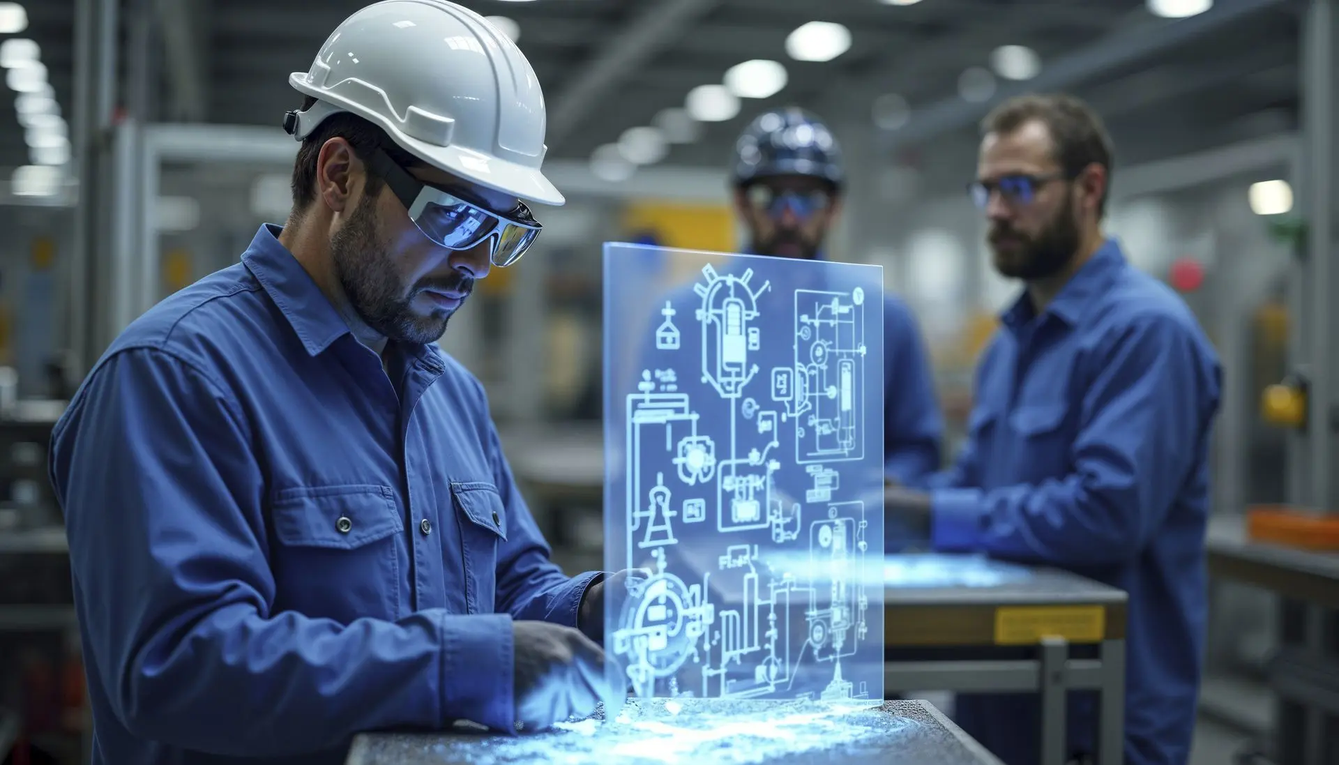 Technicien d’une PME industrielle travaillant sur une interface holographique affichant des schémas techniques, illustrant la transformation digitale et l’Industrie 4.0.