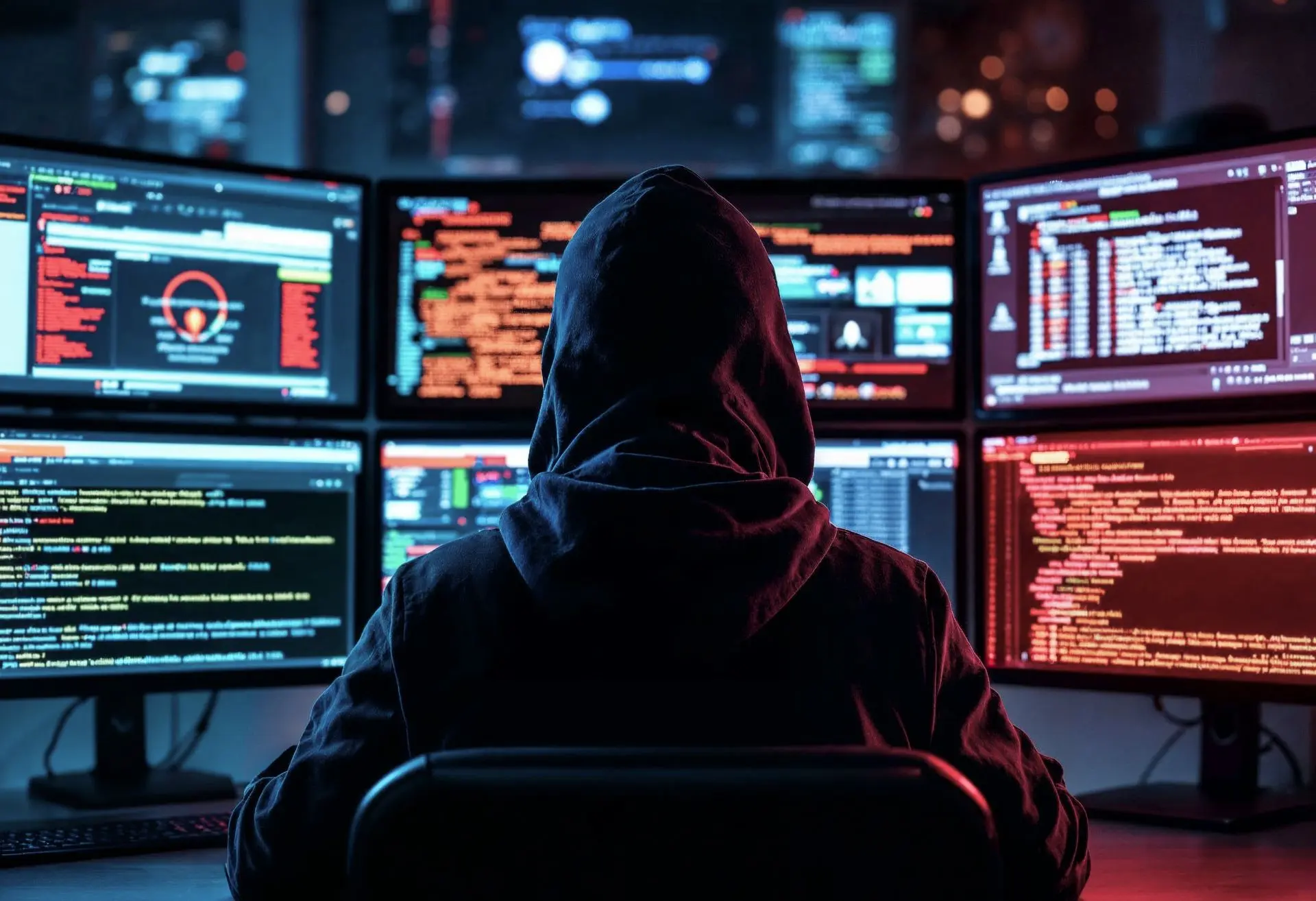Hacker travaillant sur un système informatique avec plusieurs écrans affichant du code et des données, illustrant une cyberattaque.